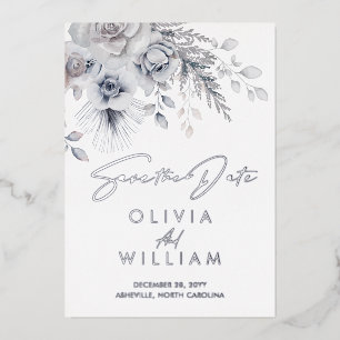 Botanical Winter Floral Silver Save The Date Foil Invitation