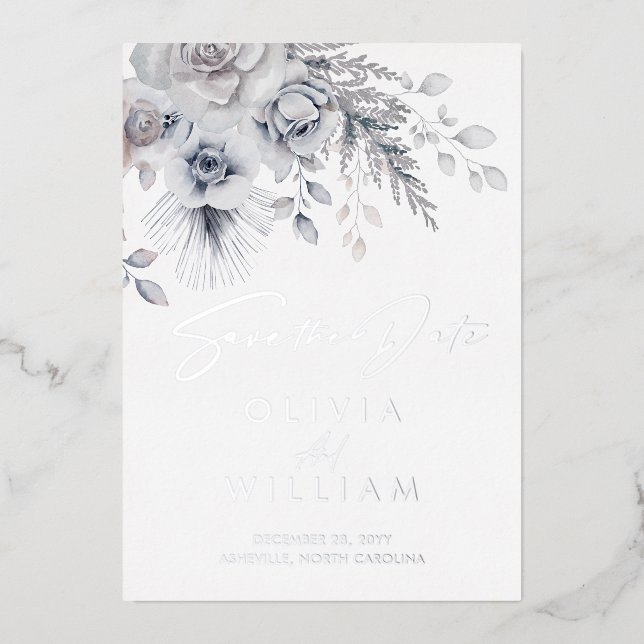 Botanical Winter Floral Silver Save The Date Foil Invitation (Front)
