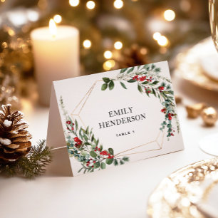 Botanical Winter Greenery Red Berries Wedding Table Number