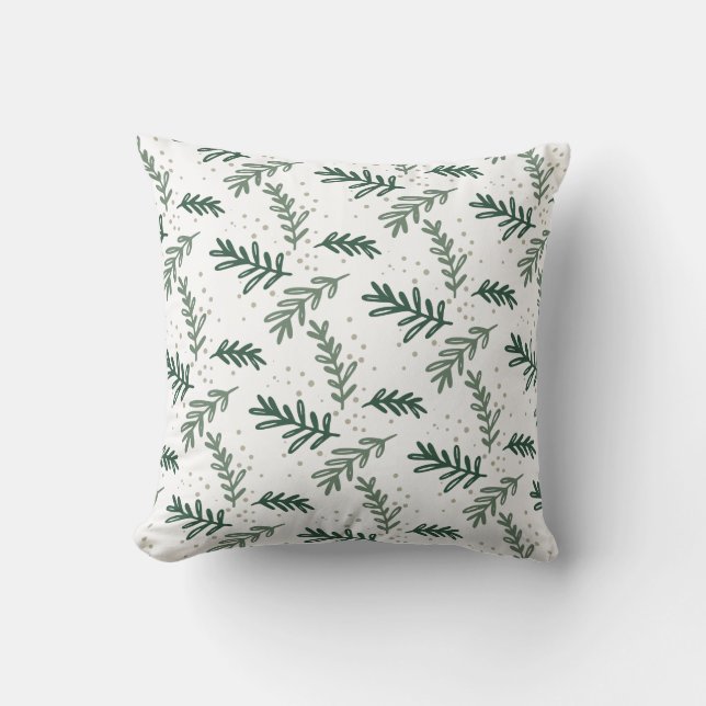 Botanical Winter Pine Sprig Pattern Green Holiday Throw Pillow (Front)