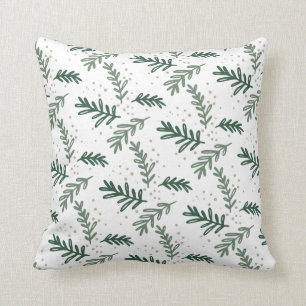 Botanical Winter Pine Sprig Pattern Green Holiday Throw Pillow
