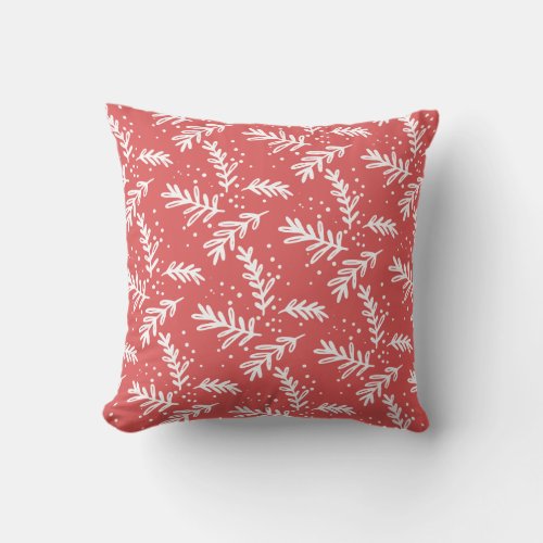 Botanical Winter Pine Sprig Pattern Red Holiday Throw Pillow