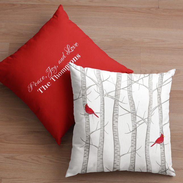 Botanical Winter Red Cardinal Botanical Woodland Throw Pillow (Red cardinal and birch tree custom winter throw pillow)