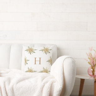 Botanical Winter White Initial Edelweiss Throw Pillow