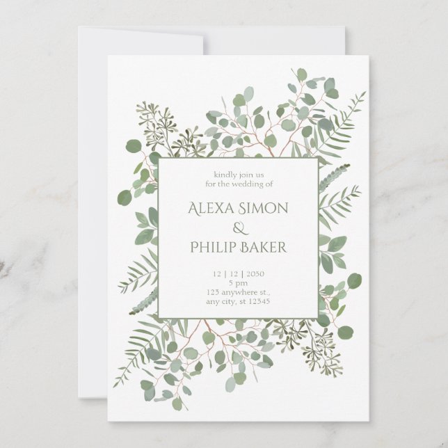 Botanical with Green branches wedding Invitation (Front)