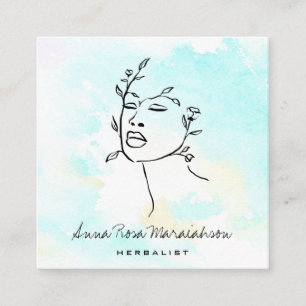 *~* Botanical Woman Line Art Goddess QR Greenery Square Business Card