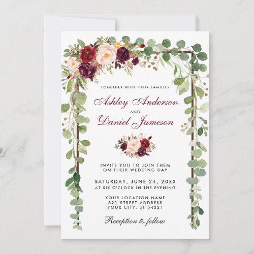 Botanical Wood Burgundy Floral Wedding B Invitation