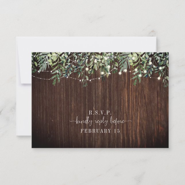Botanical Wood Greenery String Lights Wedding RSVP Card (Front)