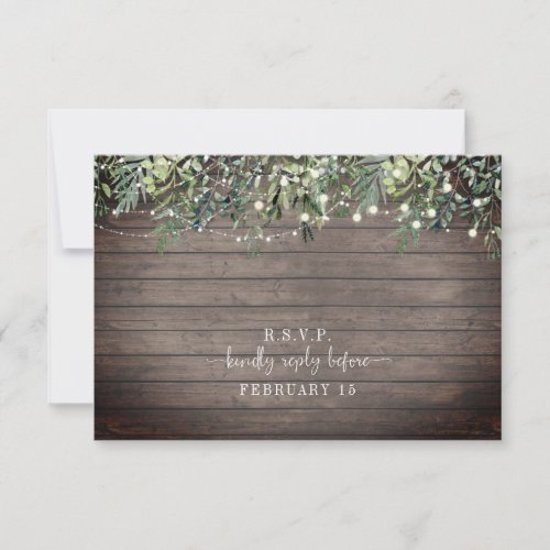 Botanical Wood Greenery String Lights Wedding RSVP Card