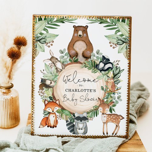 Botanical Woodland Animals Baby Shower Welcome Poster