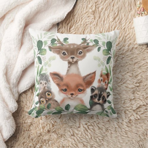 Botanical Woodland Forest Animals Baby Nursery Throw Pillow