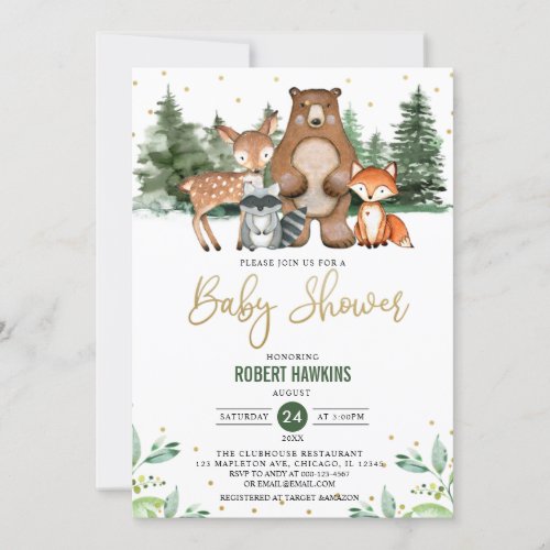 Botanical Woodland Forest Animals Baby Shower Invitation