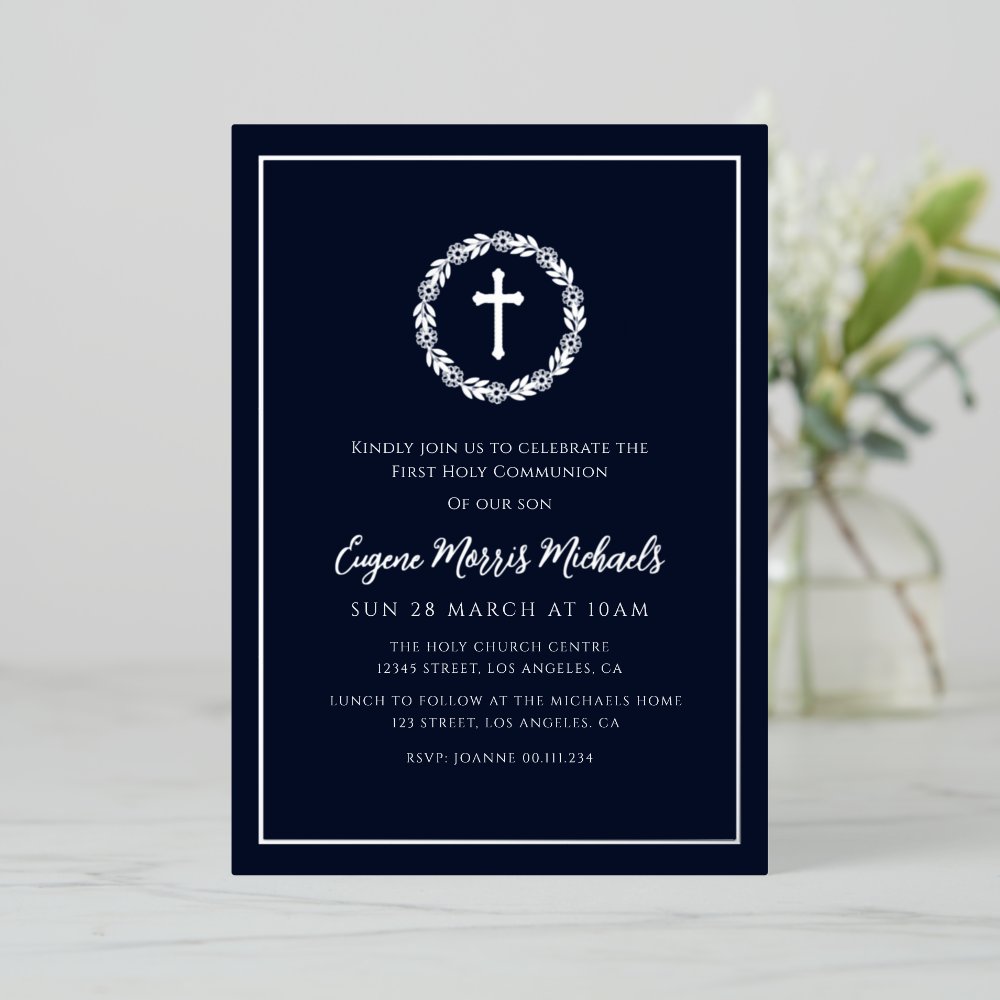 Botanical Wreath Blue Foil First Communion Invitation