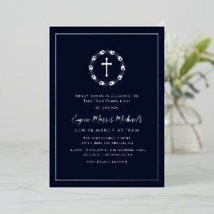 botanical wreath blue first communion foil invitation