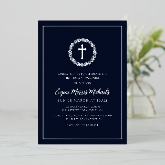 botanical wreath blue first communion foil invitation (Standing Front)
