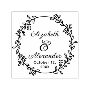 Botanical Wreath Bride Groom Names Date SC Wedding Self-inking Stamp