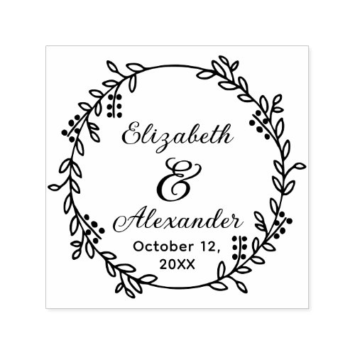 Botanical Wreath Bride Groom Names Date SC Wedding Self_inking Stamp