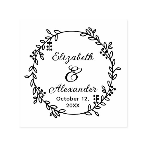 Botanical Wreath Bride Groom Names Date SC Wedding Self_inking Stamp