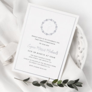 botanical wreath cross first communion foil invitation