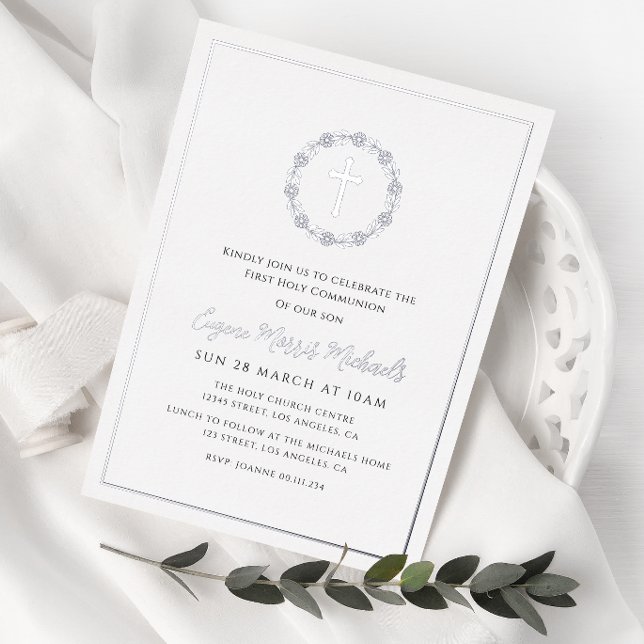 botanical wreath cross first communion foil invitation (Creator Uploaded)