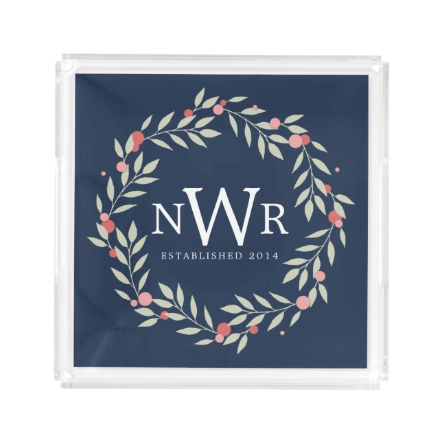 Botanical Wreath | Custom Monogram Acrylic Tray (Front)