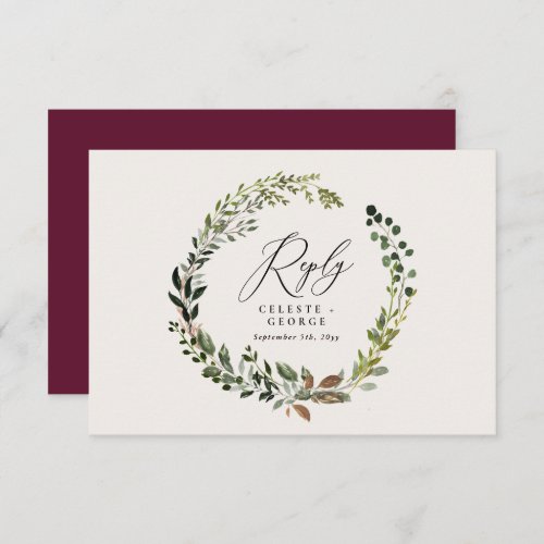 Botanical wreath elegant wedding burgundy note card