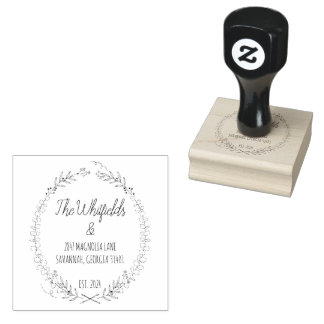 Botanical Wreath Family Name & Return Address Rubber Stamp