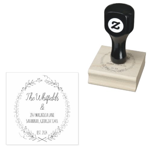 Botanical Wreath Family Name & Return Address Rubber Stamp