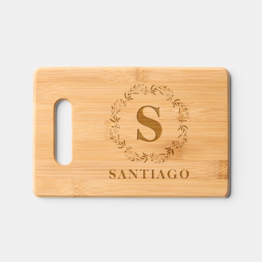 Disover Botanical Wreath Family Name Rustic Monogram Cutting Board