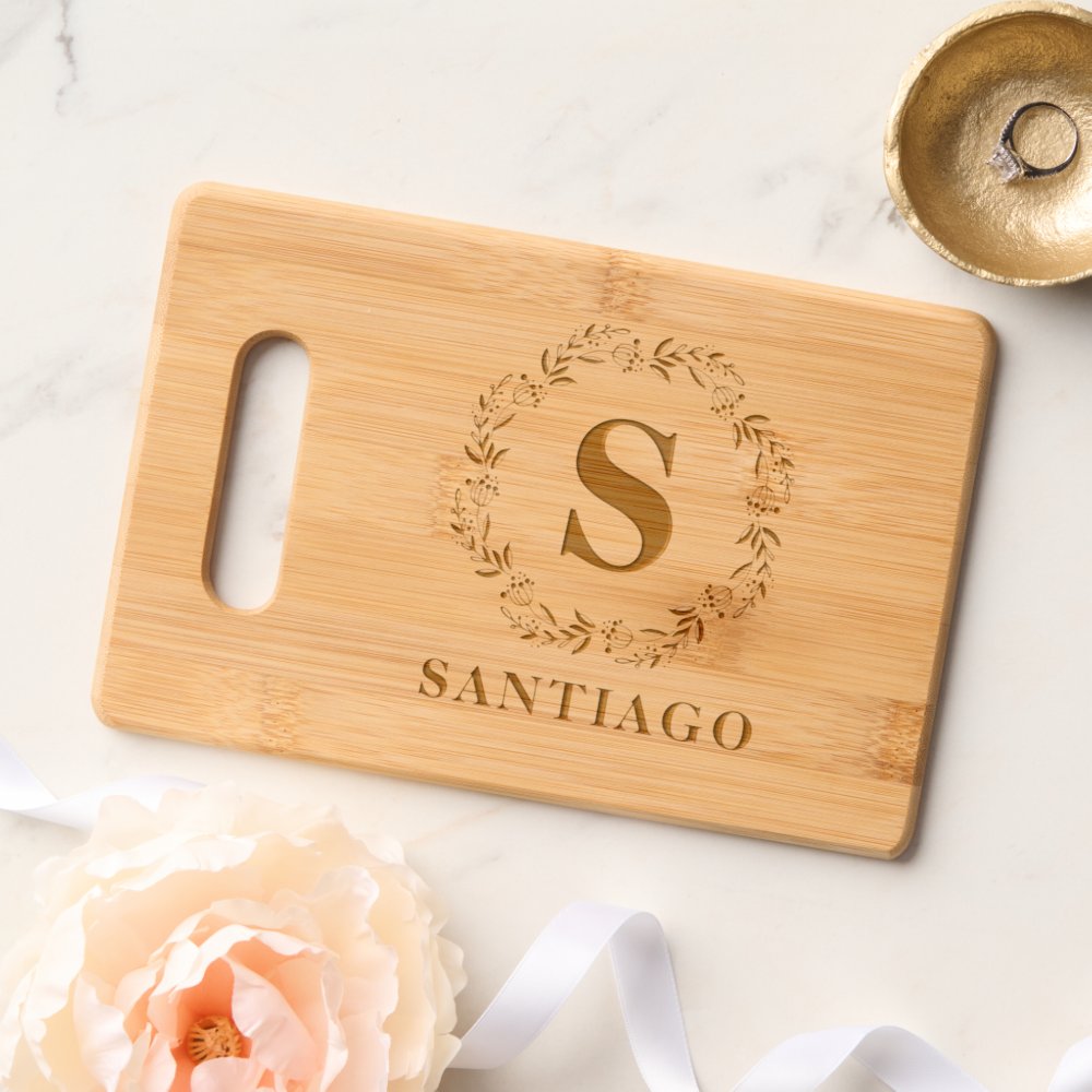 Disover Botanical Wreath Family Name Rustic Monogram Cutting Board