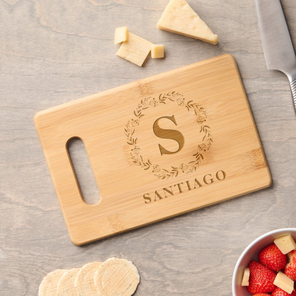 Disover Botanical Wreath Family Name Rustic Monogram Cutting Board