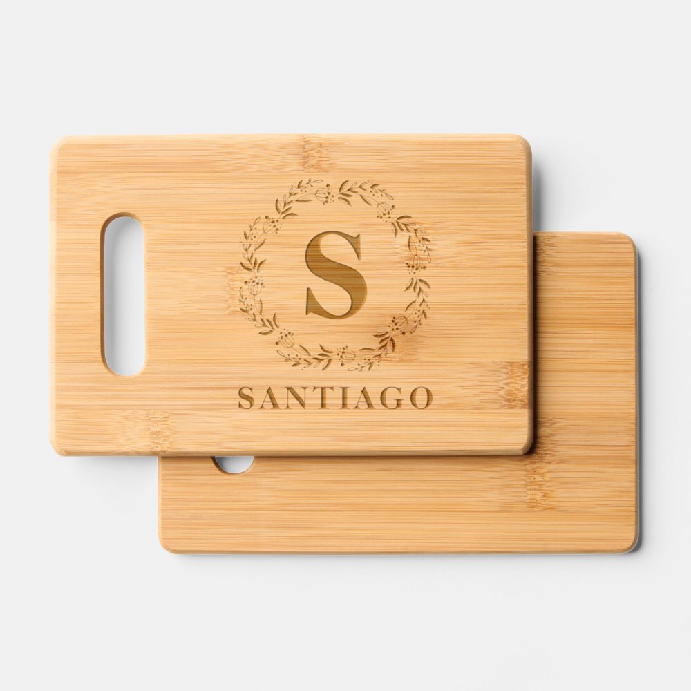 Disover Botanical Wreath Family Name Rustic Monogram Cutting Board