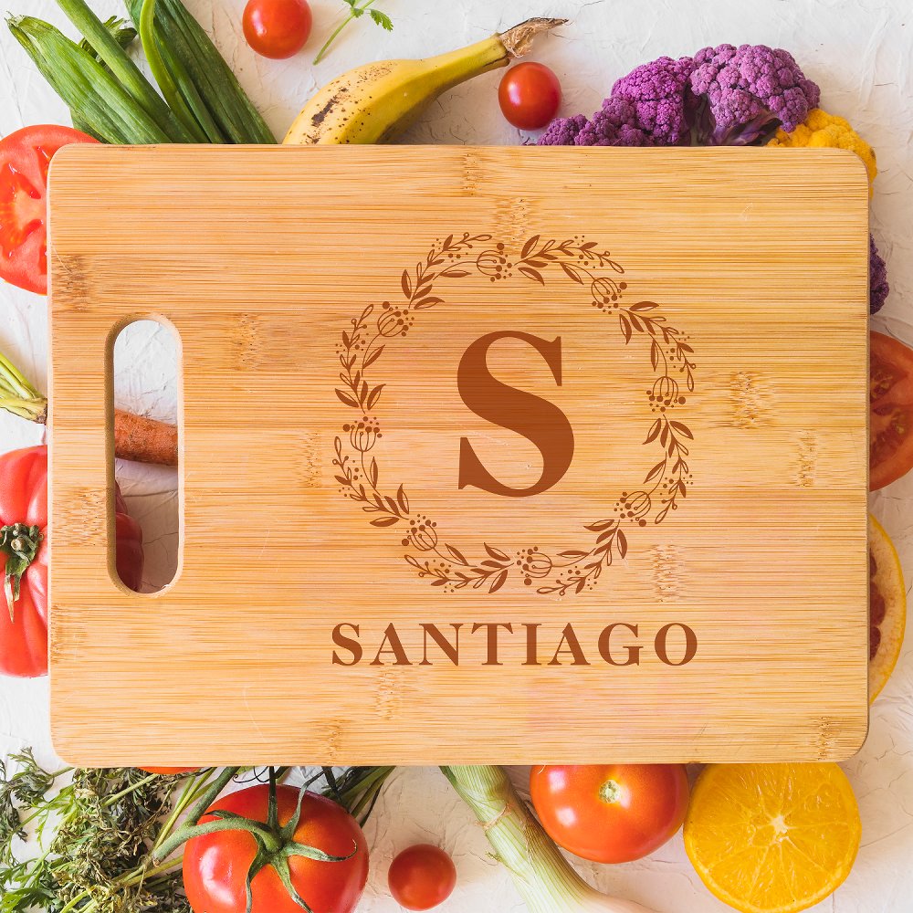 Discover Botanical Wreath Family Name Rustic Monogram Cutting Board