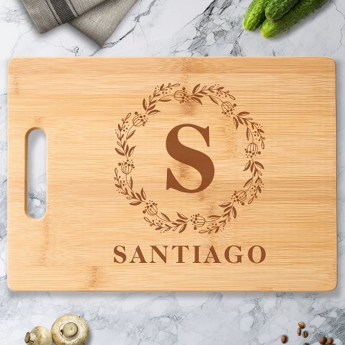 Botanical Wreath Family Name Rustic Monogram Engraved Cutting Board