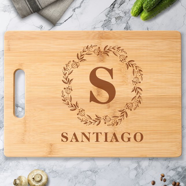 Botanical Wreath Family Name Rustic Monogram Engraved Cutting Board (Creator Uploaded)