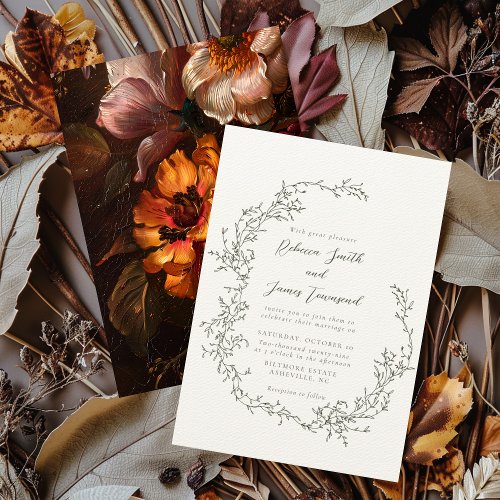 Botanical Wreath Fine Art Painting Olive Wedding Invitation