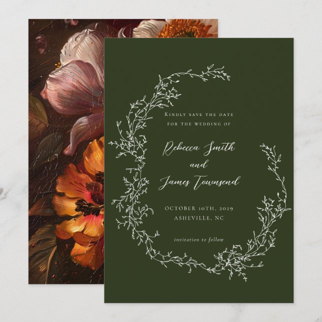 Botanical Wreath Fine Art Painting Olive Wedding Save The Date (Front/Back)