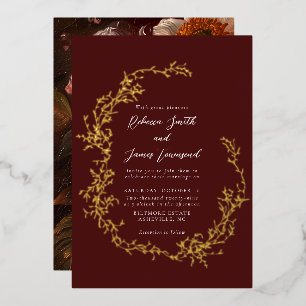 Botanical Wreath Fine Art Painting Red Wedding Foil Invitation