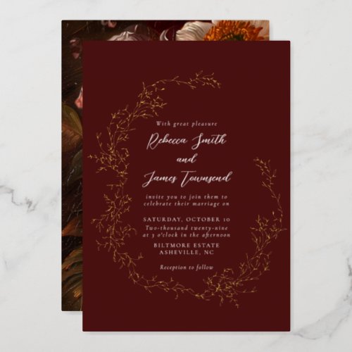 Botanical Wreath Fine Art Painting Red Wedding Foil Invitation