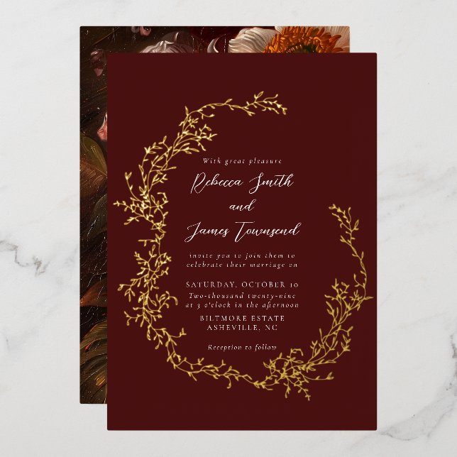 Botanical Wreath Fine Art Painting Red Wedding Foil Invitation (Front/Back)