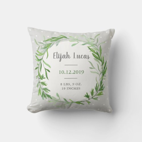 Botanical Wreath  Gender Neutral Baby Birth Stats Throw Pillow