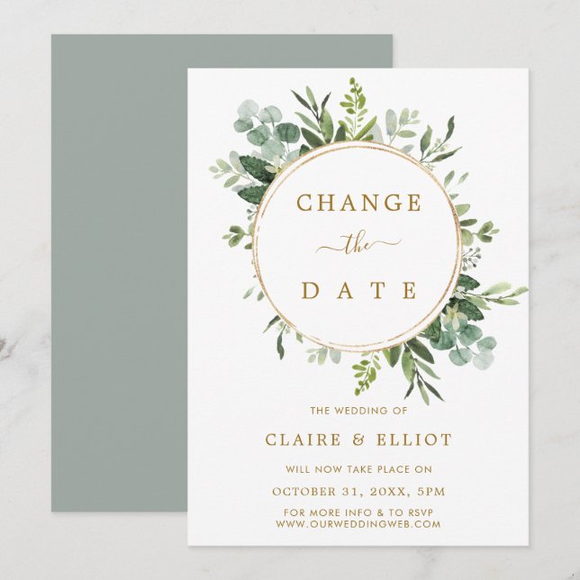 Botanical Wreath Gold Wedding Change the Date Invitation (Front/Back)