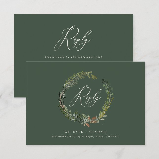 Botanical wreath green elegant wedding reply card (Front/Back)