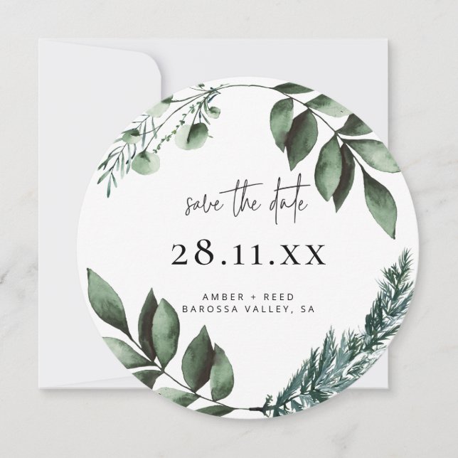 Botanical Wreath Greenery Circle Round Save The Date (Front)