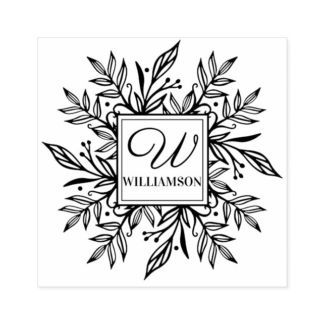Botanical Wreath Greenery Family Name & Monogram Rubber Stamp (Imprint)