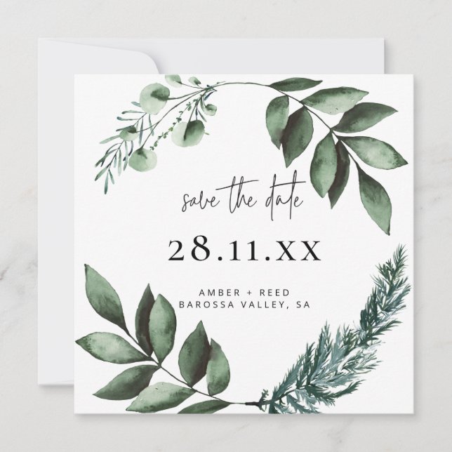Botanical Wreath Greenery Square Save the Date (Front)