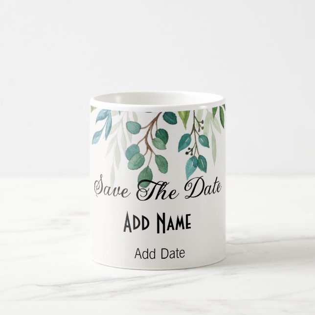 botanical wreath greenery square save the date mug (Center)