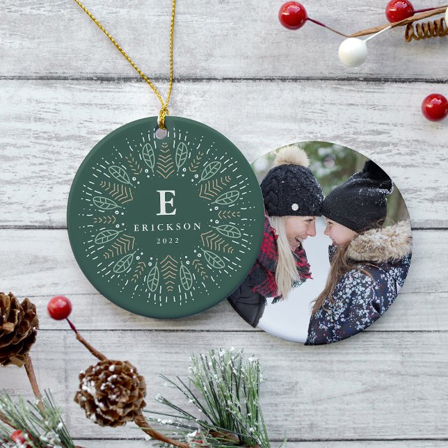 Botanical Wreath Holiday Monogram & Photo Ceramic Ornament (Creator Uploaded)