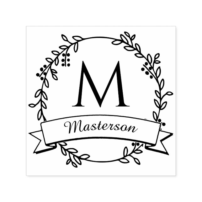 Botanical Wreath Initial Name Monogram #2R Self-inking Stamp (Design)