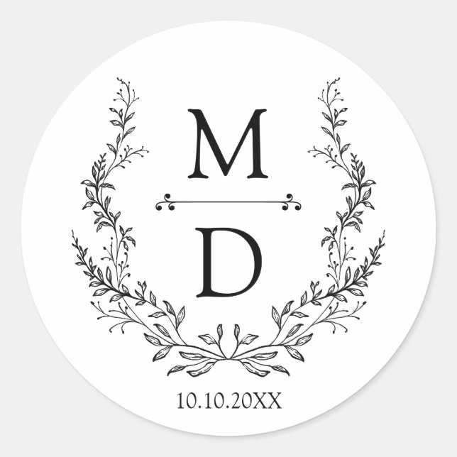botanical wreath initials monogram wedding elegant classic round sticker (Front)